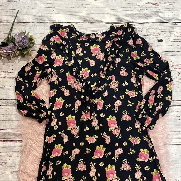 Zara Black Pink Floral Ruffle 3/4 Sleeve Mini Dress - Picture 7 of 9